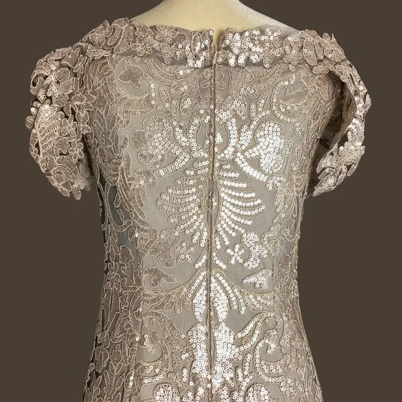 Tadashi Shoji Gown Size 8 Tan/Gold Lace Lined Cap Sleeve Wedding Formal Event